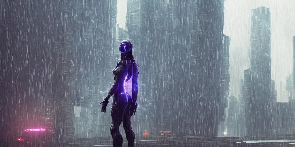 Image similar to cyberpunk statue, rain, space