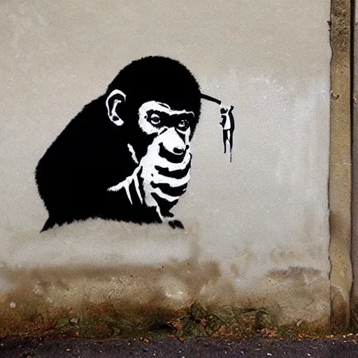 Image similar to ape painting a picture made by banksy