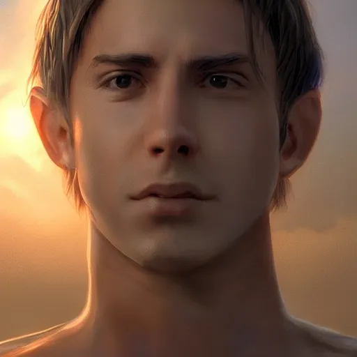 Image similar to a young male jedi with short dark blonde hair standing still looking at the sunset concept art by Doug Chiang cinematic, realistic painting, high definition, concept art, portait image, path tracing, serene landscape, high quality, highly detailed, 8K, soft colors, warm colors, turbulent sea, high coherence, anatomically correct, hyperrealistic, concept art, defined face, five fingers, symmetrical