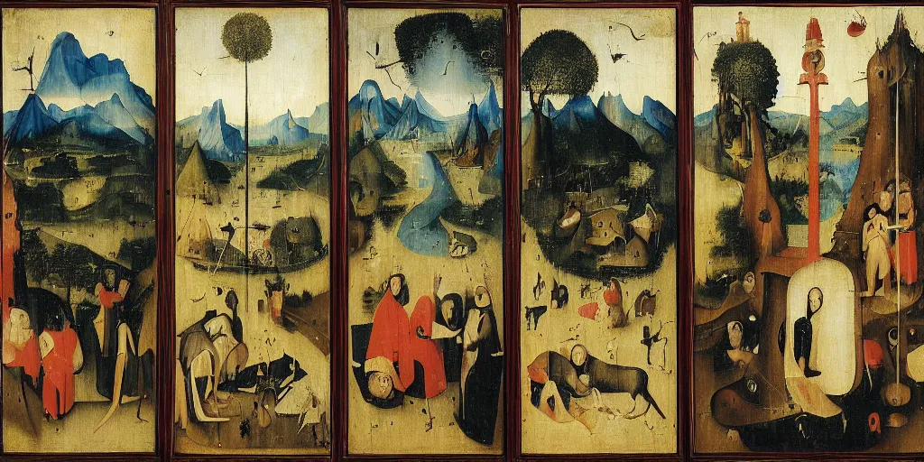 Image similar to The Philippines, oil on oakwood, triptych, by Hieronymous Bosch