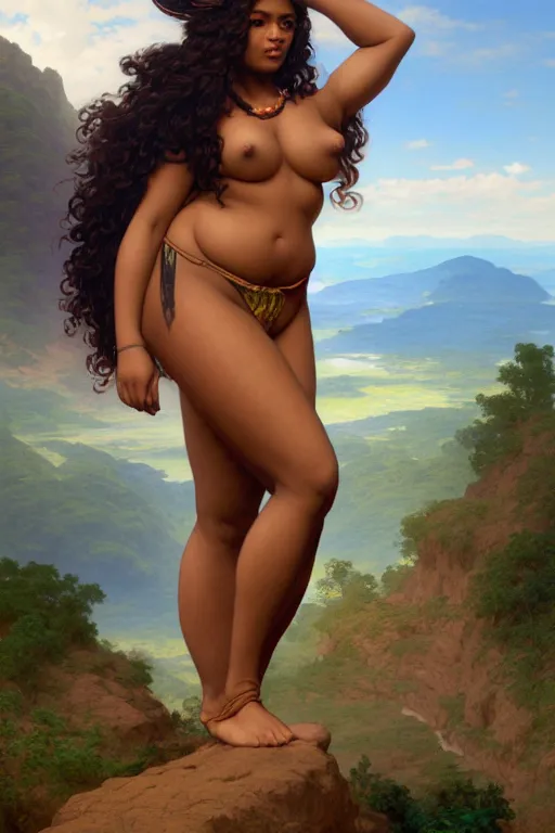 Prompt: Full View of Voluptuous brown skinned woman with long hair wearing fire, tattoos, Short Puffy pants made of silk, posing on the edge of a cliff overlooking a forested valley. masterpiece 8k digital illustration by Ayami Kojima andRuan Jia and Mandy Jurgens and Artgerm and william-adolphe bouguereau, award winning, Artstation, art nouveau aesthetic, Alphonse Mucha background, intricate details, realistic, panoramic view, Hyperdetailed, high quality, 8k resolution, intricate art nouveau, in american style pin up.anatomically correct