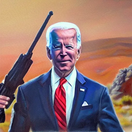 Image similar to oil painting Joe Biden with glowing eyes, looking stern, holding an RPG, in a desert landscape, epic, dark