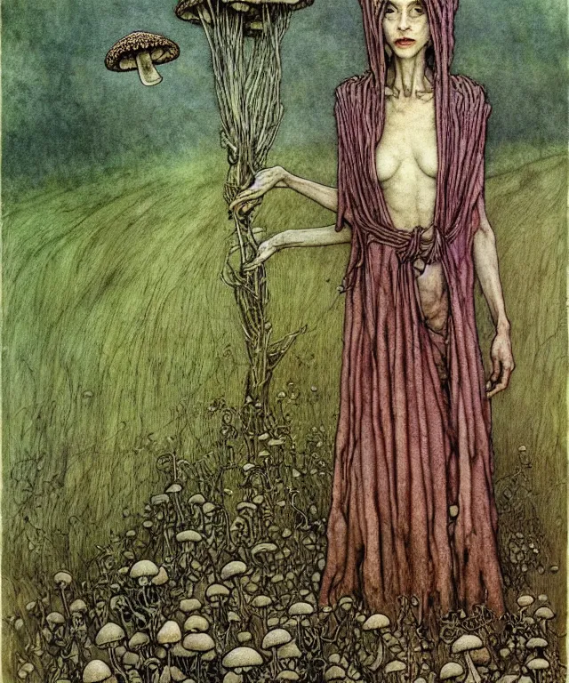 Prompt: A detailed funguswoman stands among the mushroom fields. Wearing a ripped mantle, robe. Perfect faces, extremely high details, realistic, fantasy art, solo, masterpiece, art by Arthur Rackham, Zdzisław Beksiński