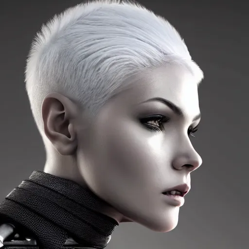 Image similar to portrait beautiful tall female cyborg, glamorous brilliant short white hair, wearing brutalist industrial military body armor, art by Joseph Cross, Trending on Artstation, digital art, highly detailed, intricate, sci-fi, sharp focus, Trending on Artstation HQ, deviantart, unreal engine 5, 4K UHD image