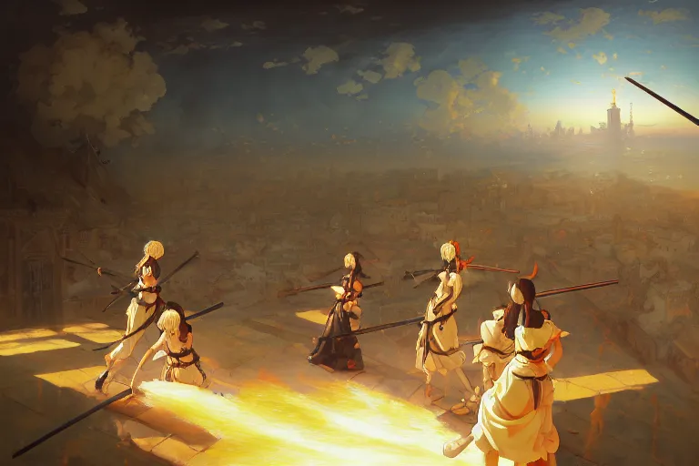 Image similar to baroque oil painting of key visual environment concept art of anime maids fighting a crusade in jerusalem, brutalist, dark fantasy, rule of thirds golden ratio, fake detail, trending pixiv fanbox, acrylic palette knife, style of makoto shinkai studio ghibli genshin impact jamie wyeth james gilleard greg rutkowski chiho aoshima