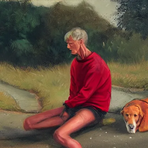 Image similar to a man in cheap and red used sportswear. he is smoking a cigarette. he is sitting on a dead dog. he is on the side of the road. he is wearing slippers. it is a rural scene, in poor village, dramatic lighting, hyper detailed, surreal, hyperrealism, oil painting