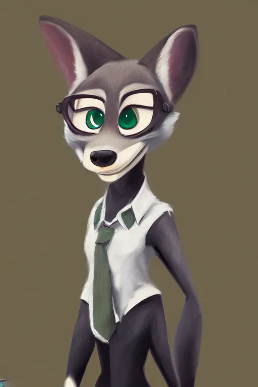 Image similar to oil painting of anthromorphic female wolf, in style of zootopia, female fursona, furry, furaffinity, 4 k, deviantart, furry art, fursona art, wearing black business suit, business suit, wolf fursona, female, smug expression,