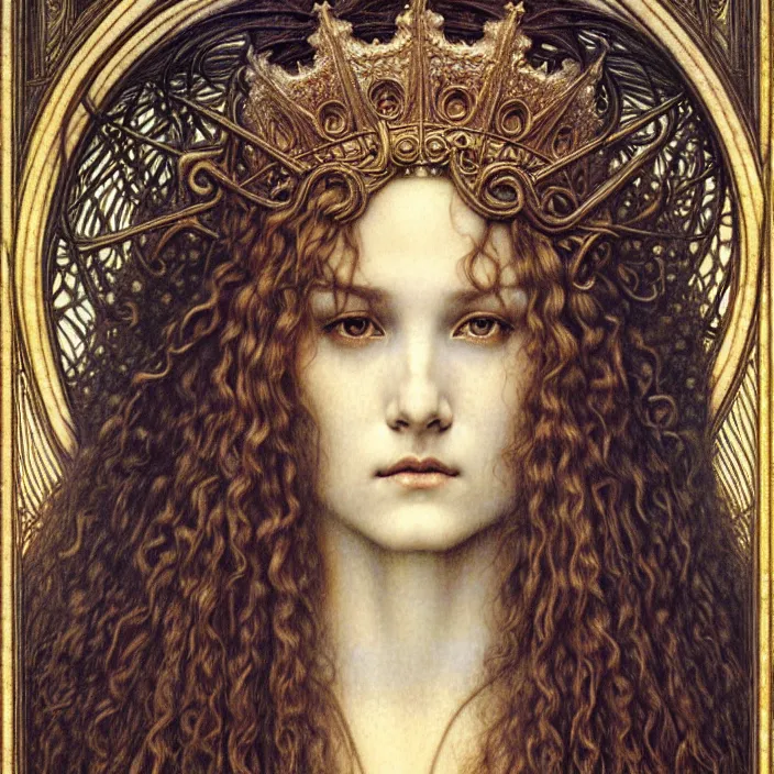 Image similar to detailed realistic beautiful young medieval queen face portrait by jean delville, gustave dore and marco mazzoni, art nouveau, symbolist, visionary, gothic, pre - raphaelite. horizontal symmetry