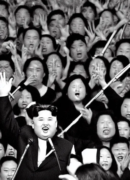 Prompt: “Long-haired Kim Jong-Un performing on a concert stage singing with a death metal band. Crowd of people watching. Spotlights, smoke. Photograph.”