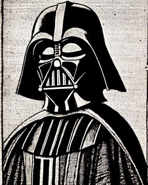 Image similar to b & w woodcut portrait of medieval darth vader from the nuremberg chronicle, 1 4 9 3, restored, hq scan