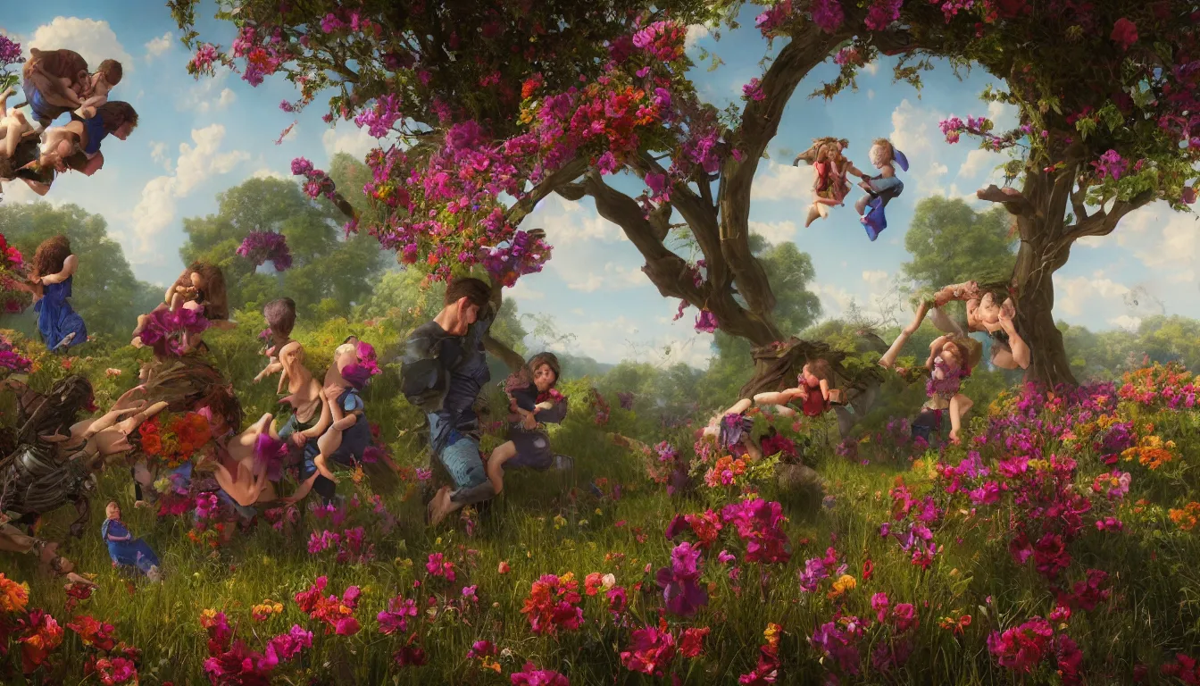 Image similar to An epic fantastic realism comic book style painting of the most beautiful flowers devouring a family as they try to escape, fisheye lens, painted by the Hudson River school, unreal 5, DAZ, hyperrealistic, octane render, dynamic lighting