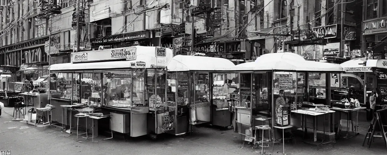 Image similar to spaghetti stand in downtown nyc, kodachrome, in the style of richard avedon, retro