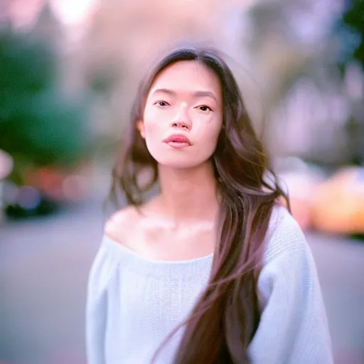 Prompt: an analog head and shoulders portrait photograph of a woman outside in san franciso california, portrait, zeiss 3 5 mm lens, kodak portra 4 0 0 film photography, pastel lighting, soft colors, popular on instagram, photograph head and shoulders portrait