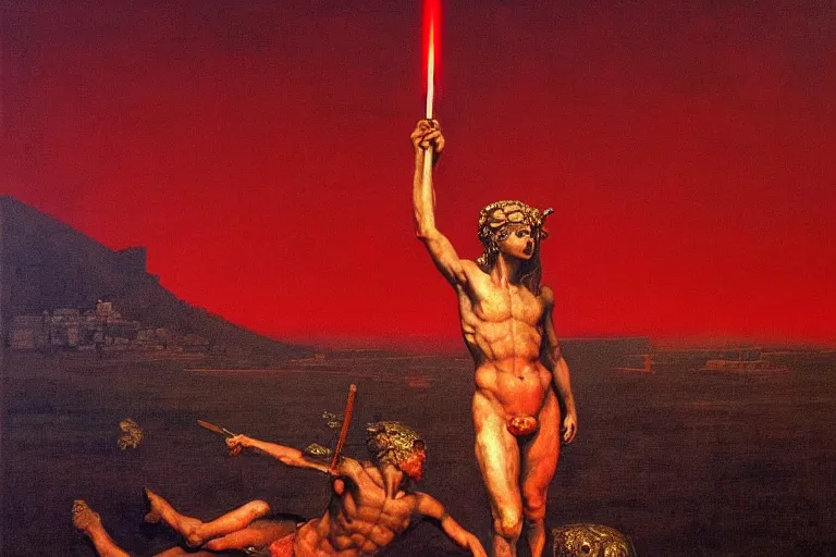 Image similar to only with red, a red melted apollo with a laurel wreath and a flaming sword announce win, athens in background, in the style of beksinski, parts by edward hopper, parts by rodcenko, parts by yue minjun, intricate and epic composition, red by caravaggio, insanely quality, highly detailed, masterpiece, red light, artstation, 4 k