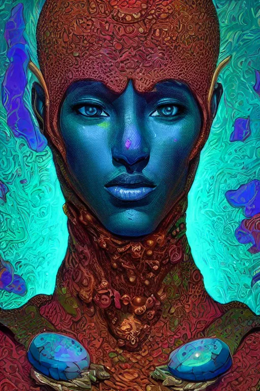 Image similar to portrait of jewel djinn commander in the style of Rob Lefield and Dan Mumford , trending on artstation, digital art,surrealism ,macro,blueprint ,vaporwave ,