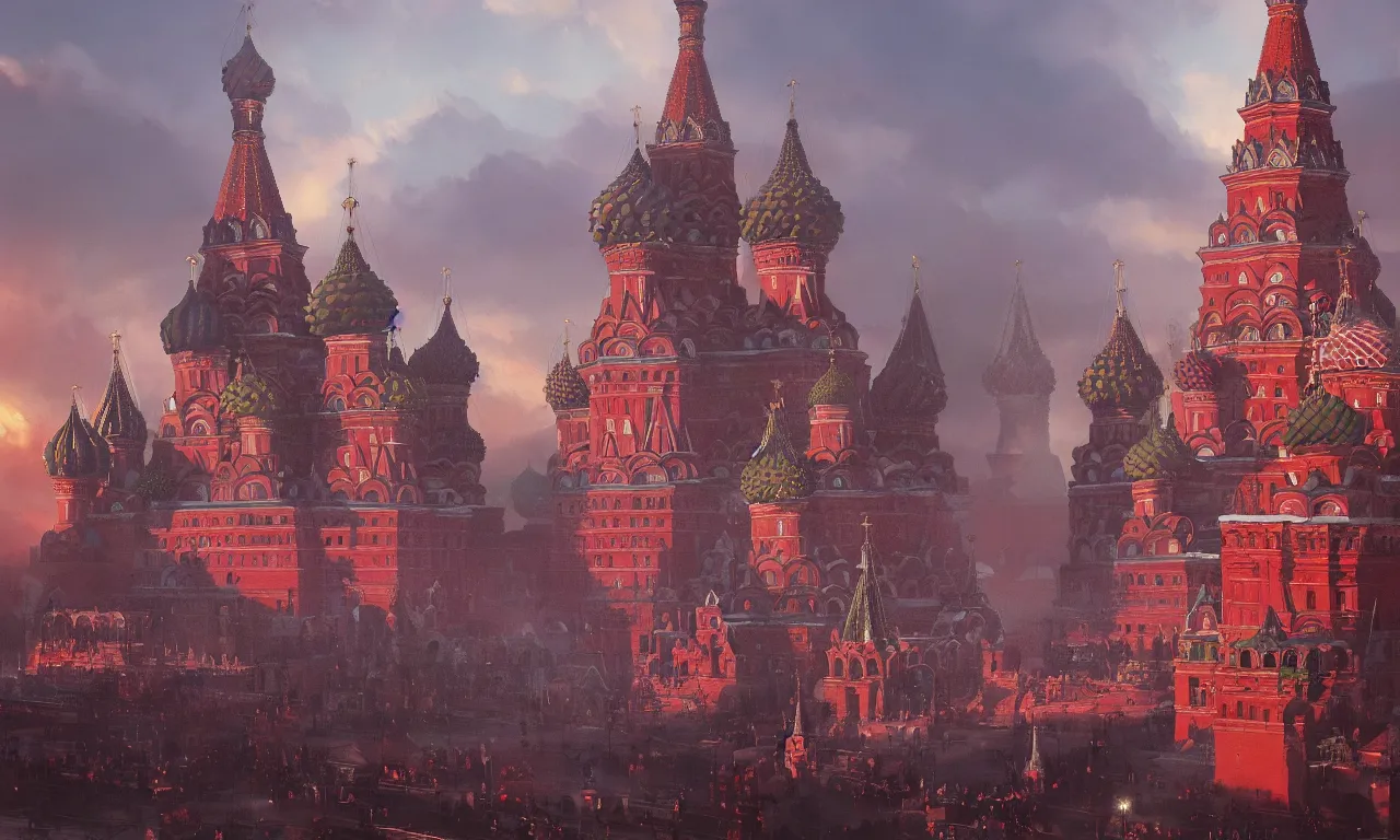 Prompt: red square russia, extremely detailed, concept art, illustration, vivid colors, volumetric lighting, volumetric shadows, realistic oil painting by greg rutkowski,