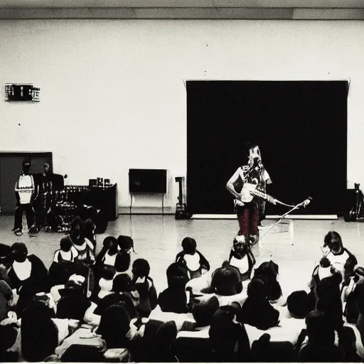 Prompt: High resolution photograph of Canadian Electro-industrial group Skinny Puppy performing a live show at an Elementary school auditorium, very detailed-W 910