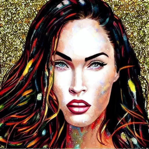 Prompt: “Megan Fox glitter paints paintings, ultra detailed portrait, 4k resolution”