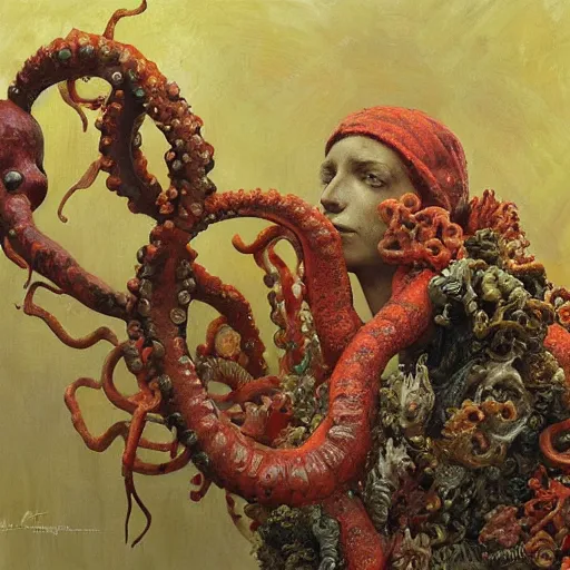 Prompt: a sculpture portrait made of seaweed and coral and shells and octopus, painting part by wojciech siudmak, part by ilya repin, part by max ernst, part by norman rockwell, artstation