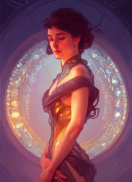 Image similar to water, glowing lights!! intricate elegant, highly detailed, digital painting, artstation, concept art, smooth, sharp focus, illustration, art by artgerm and greg rutkowski and alphonse mucha