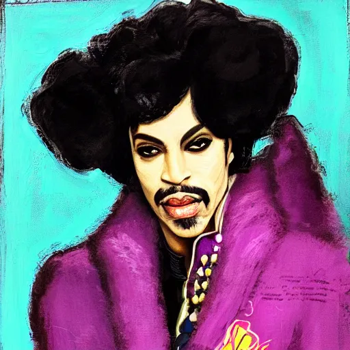 Prompt: a messy painting of Prince as a 70s pimp. Trending on ArtStation