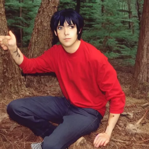 Image similar to a still of a 90s OVA of a man with black hair wearing a red shirt in a forest