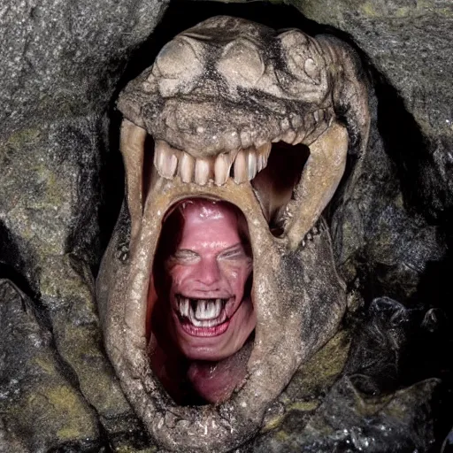 Prompt: photo inside a cavern of a wet reptilian humanoid trump partially hidden behind a rock, with black eyes, open mouth and big teeth