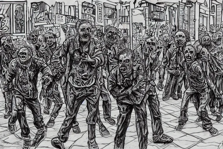 Prompt: zombies in the street of tel aviv. pen drawing. realistic. colorful. highly detailed