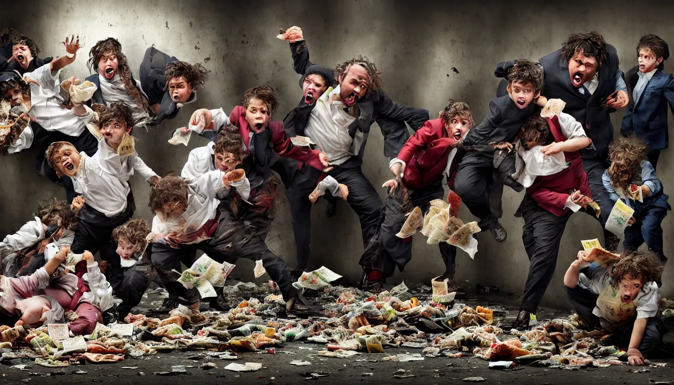 Prompt: disheveled children in rags and obese men in suits fighting in a squalid subway over piles half eaten fast food and money, hyper realistic photo, full colour, upscale, 8 k