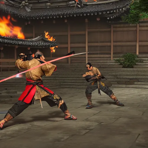 Prompt: photo of an action fight scene between a samurai and a ninja, unreal engine, hyper realistic, high detail, cinematic, magic, japan, temples, beautiful lighting, smoke, fire, lightning,