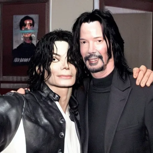 Prompt: Michael Jackson takes selfie with Keanu Reeves at Matrix scene