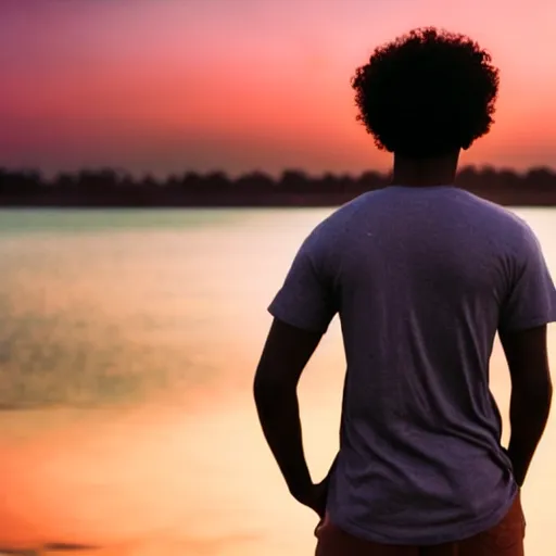 Image similar to dark skin man with curly hair, standing alone in nature, sunset, backlit, contemplative, dreamy, pastel colors, youthful, fairylike