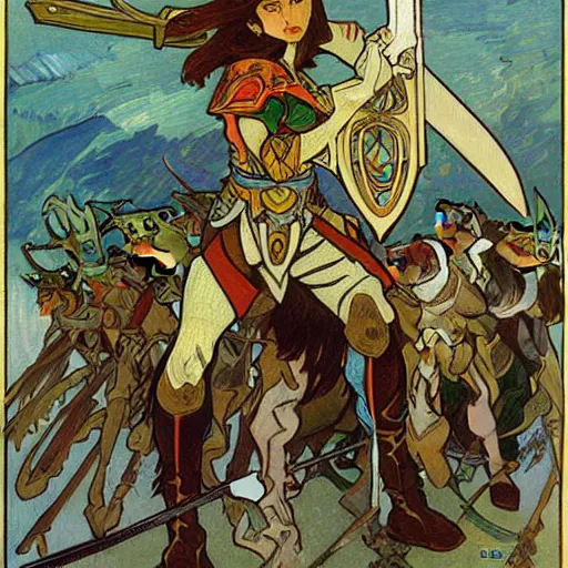 Image similar to painting of elf paladin with long dark hair fighting group of goblins with his sword, wearing armor, modest, lots of goblins, goblins everywhere, art by alphonse mucha, vincent van gogh, egon schiele,