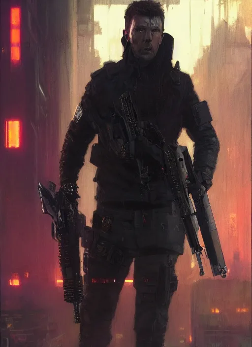 Prompt: Rick Astley Cyberpunk assassin in tactical gear. blade runner 2049 concept painting. Epic painting by Craig Mullins and Alphonso Mucha. ArtstationHQ. painting with Vivid color