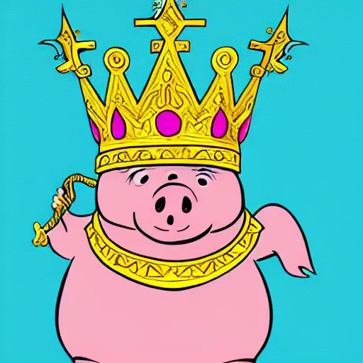 Image similar to pig wearing a gold crown on it's head illustration concept art in the style of Arthur Adams, full body 8k