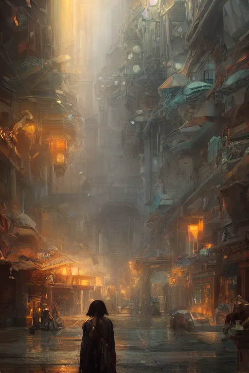 Image similar to inside the street of the city of atlantis, powerfull, intricate, elegant, volumetric lighting, digital painting, highly detailed, artstation, sharp focus, illustration, concept art, ruan jia, steve mccurry