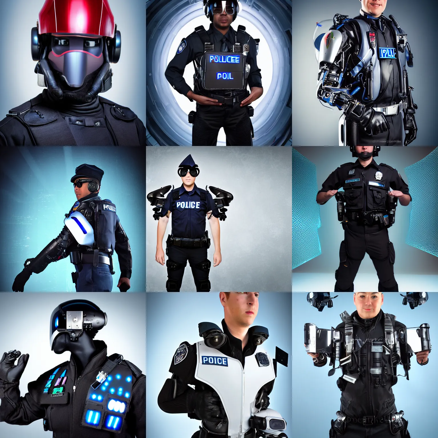 Prompt: portrait of a flying jet pack police officer from the year 2 0 5 0, futuristic, cyberpunk, cybernetic enhancements, studio photography portrait