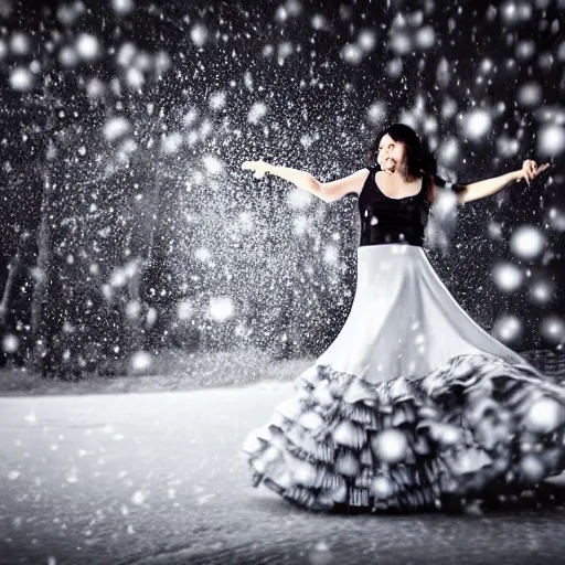 Image similar to beautiful woman dancing flamenco while snowing on snow