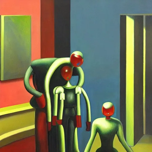 Image similar to people in robot suits, pj crook, edward hopper, oil on canvas