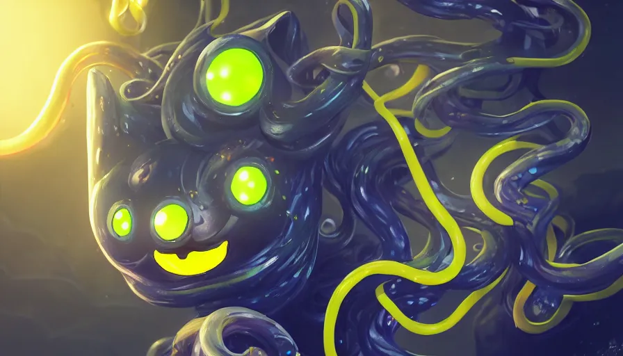 Image similar to a digital art portrait of black slime cat with tentacles character design from slime rancher, cute black liquid ink cat with yellow eyes character sheet, 4 k, ultra detail, volumetric lighting, unreal engine, octane render