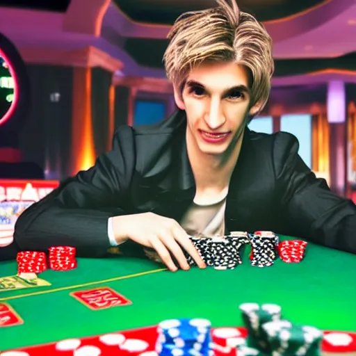 Image similar to film still of xqc gambling in Vegas, 4k, photorealism, artstation style