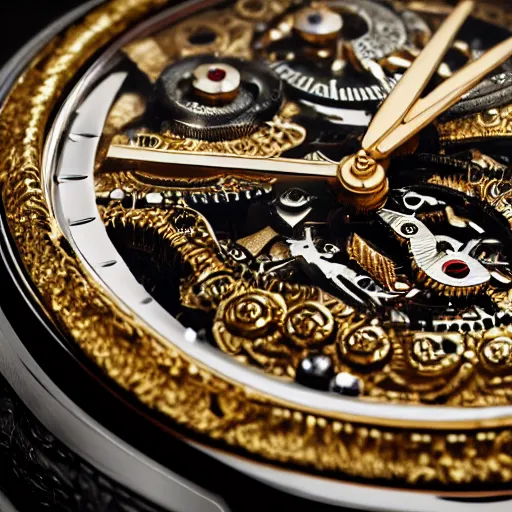 Image similar to a macro photo of a very beautiful gold and silver mechanical wristwatch, close - up, intricately detailed engravings, intricately detailed markings, intricate textures, warm lighting, vivid colors, realistic octane render, hyper realistic render, volumetric shading, depth of field, raytracing, 8 k,
