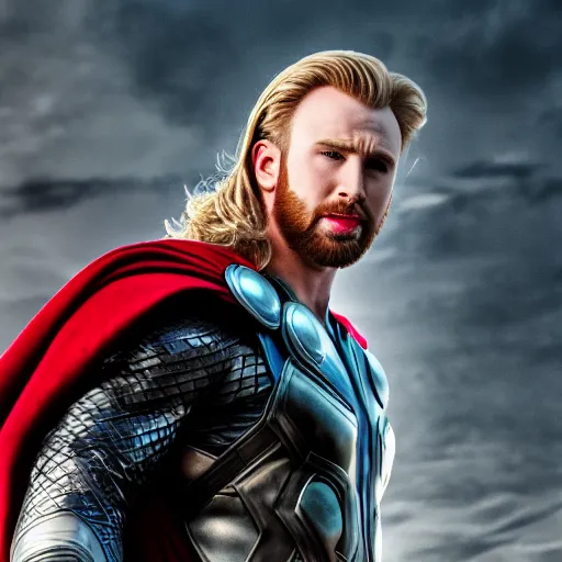 Image similar to chris evans as thor, marvel cinematic universe, mcu, canon eos r 3, f / 1. 4, iso 2 0 0, 1 / 1 6 0 s, 8 k, raw, unedited, symmetrical balance, in - frame,