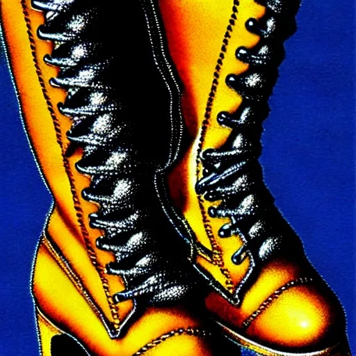 Prompt: close - up of a walking woman's leather boots, punk rock, 1 9 8 0's art, airbrush style, art by hajime sorayama,, intricate, elegant, sharp focus, illustration, highly detailed, h 6 4 0