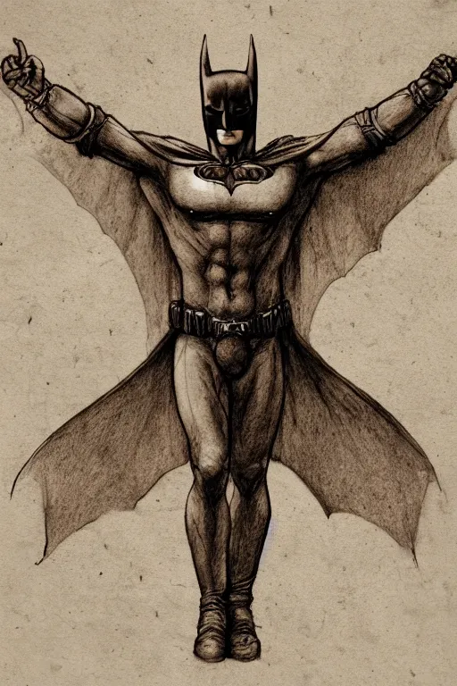 Image similar to vitruvian batman by leonardo da vinci, pencil sketch, sepia background, detailed, proportional, trending on art station, 4k