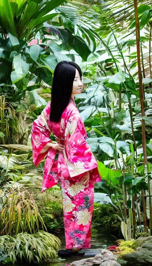 Prompt: photograph of a beautiful Japanese woman wearing a pretty kimono in a tropical greenhouse, by Annie Leibowiz, extremely detailed, 4K, 85mm lens, photorealistic, trending on artstation