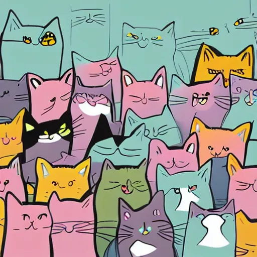 Prompt: a room full of cats singing in comic art style pastel colors