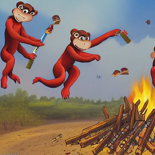 Image similar to [two anthropomorphic monkeys throwing books in a bonfire, behind them rockets are taking off. Matte painting, intricate, art by Gennady Mikhailovich Zykov]