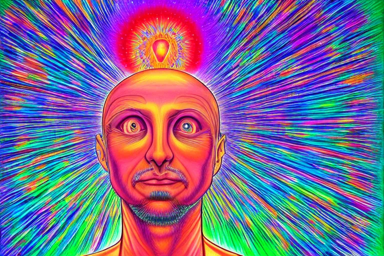 Image similar to digital art of a spiritual man looking up at the stars, glowing light, acrylic art, universe, painting, pastel colors, alex grey,