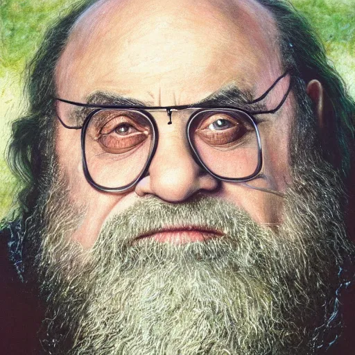 Prompt: portrait of danny devito as gimli, by alan lee, lord of the rings calendar, smooth, detailed terrain, oil painting, matte painting, concept art, trending on artstation, promotional artwork, film still, elegant, photorealistic facial features, intricate, detailed face, cinematic lighting